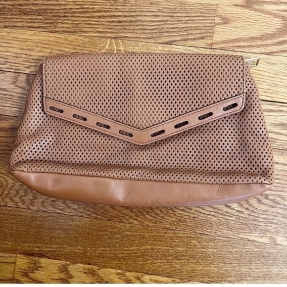 Rebecca Minkoff Perforated Leather Clutch Cognac Brown Magnetic Closure Purse - Picture 1 of 11